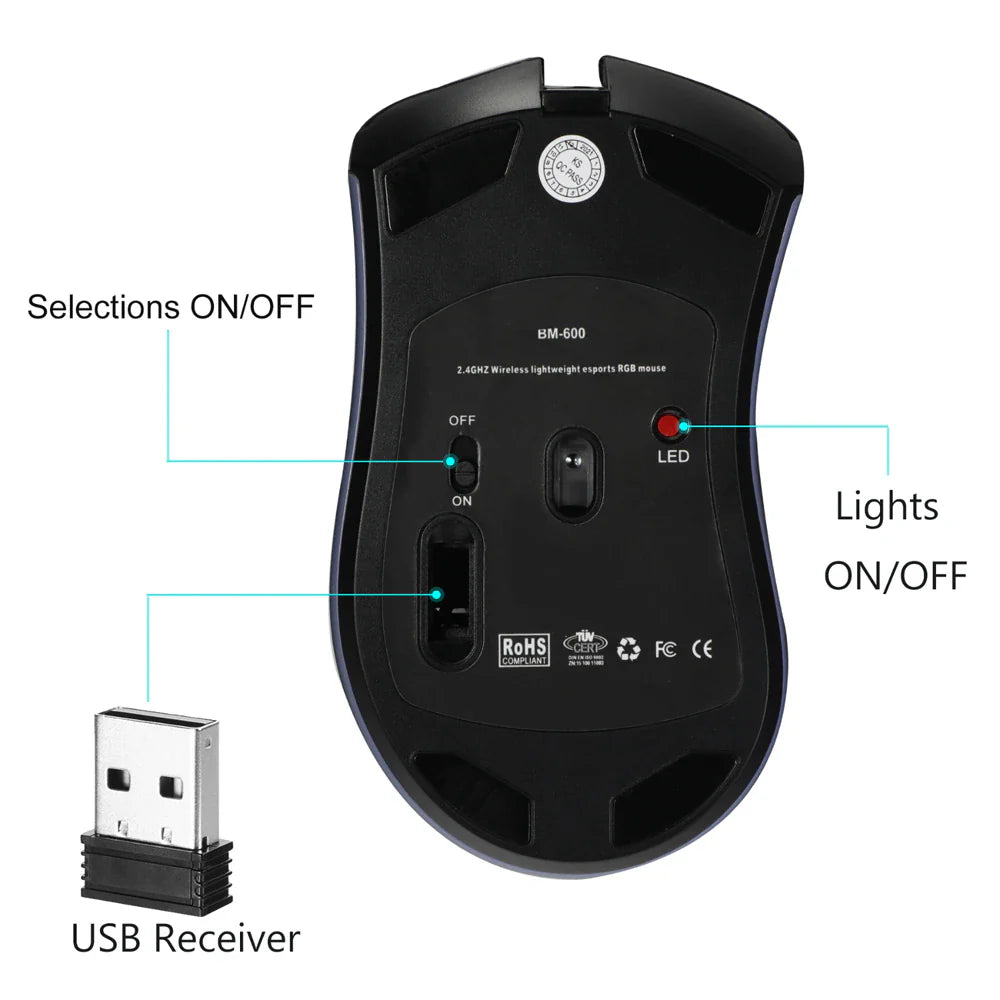 Wireless Mouse Gaming Rechargeable Optical Mouse Cordless 7 Color LED Backlit PC