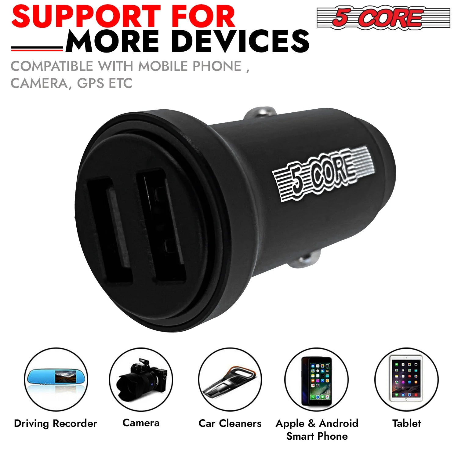 5 Core USB Car Charger Cigarette Lighter Adapter Dual USB Port Adapter 12/24 V Fast Charging