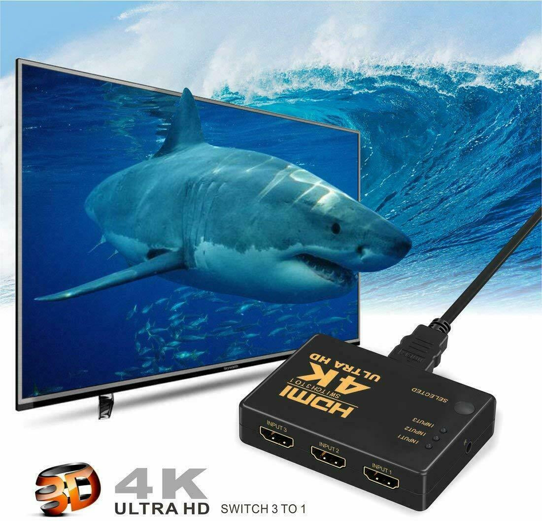 4K HDMI 2.0 Cable Splitter Switcher Box Hub IR Remote Control 3X1 Power 3 to 1